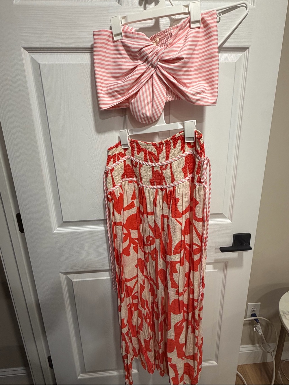 Pink Striped Twist Bandeau & Coral Floral Wide-Leg Set